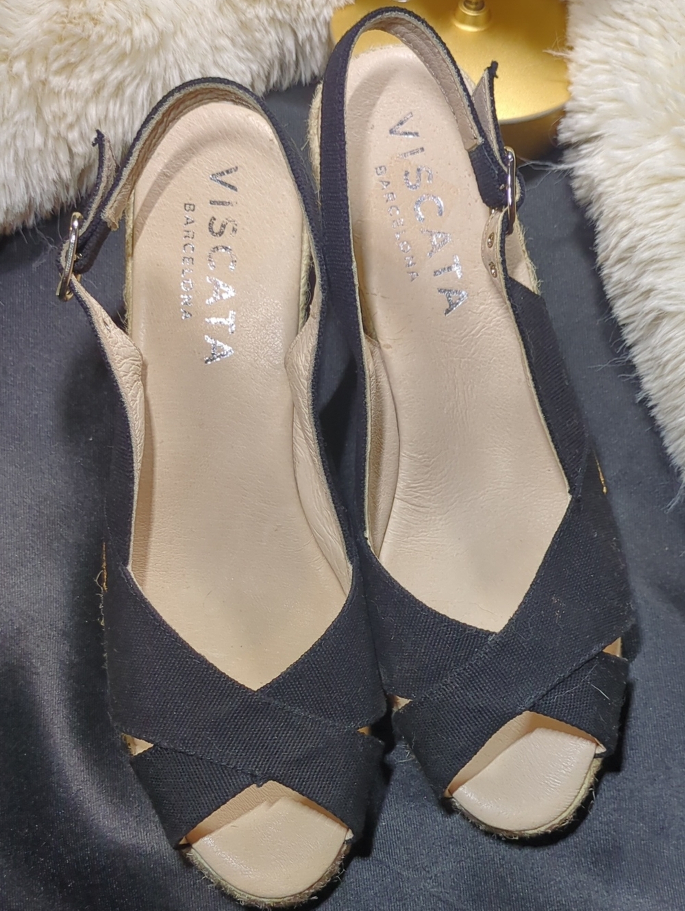 Viscata Barcelona Black Canvas Crisscross Sling Back Wedge espadrilles ONLY $75